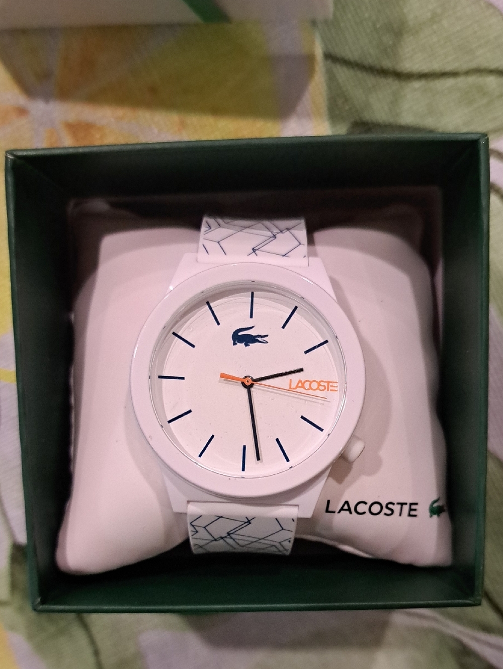 Lacoste White Tag with Green Crocodile Logo and Red Accent